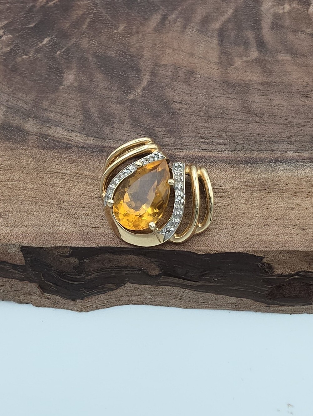 Vintage 10k Yellow Gold Huge Pear Cut Citrine & Diamond Slide Pendant Statement